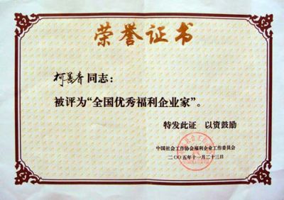 National Excellent Welfare Entrepreneur Honor Certificate